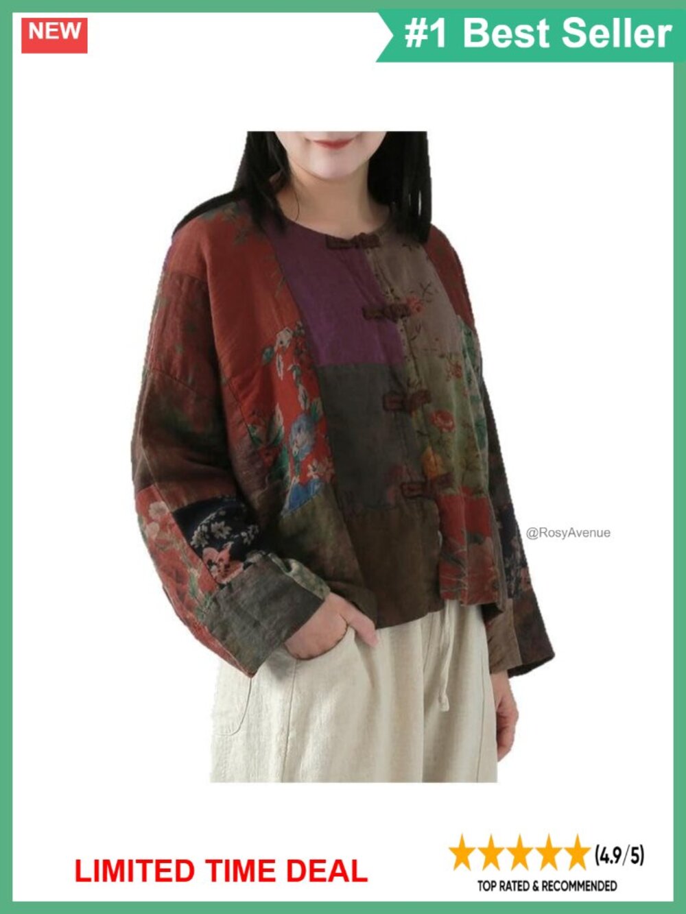 LZJN Cotton Linen Blend Quilted Patchwork Jacket Women